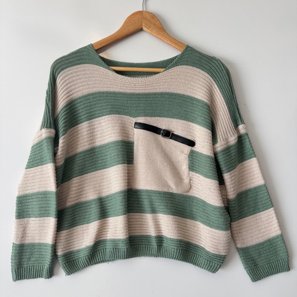 Striped Knit Sweater Women's Green Beige Pocket Detail‎ Pullover Casual